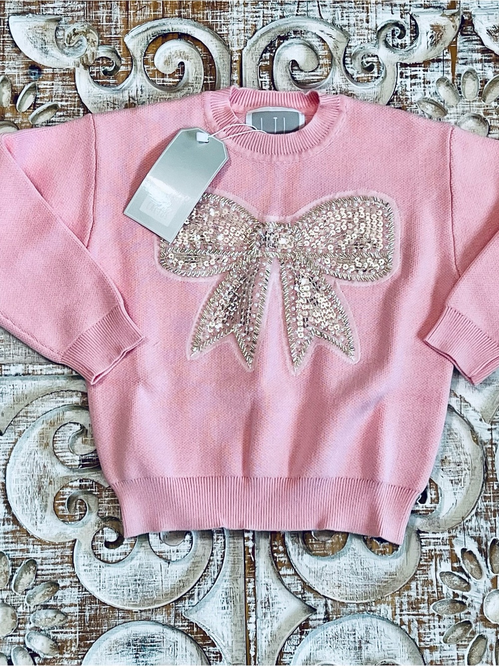 Sequin Bow Crewneck Sweater - Pink